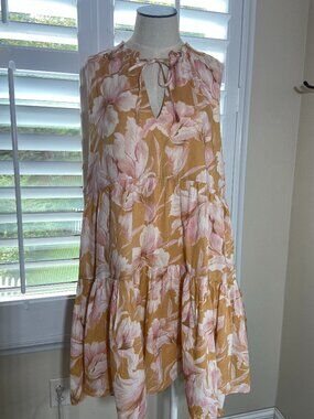 Steve Madden Disposition Floral Tiered Mini Dress Size L Pastel Orange/Pink